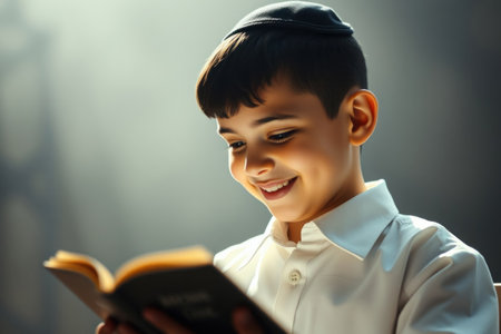 A young boy wearing a traditional Jewish hat (kippah) is shown reading a book with a focused expression.の素材