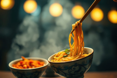 A bowl of noodles is presented with chopsticks, showing a delicious and flavorful Asian dish.の素材