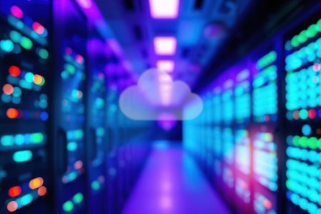 A blurred view of a data center filled with glowing servers and lights.の素材