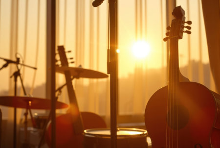 Instruments illuminated by soft, inviting warm light.の素材