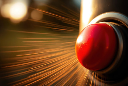 Dynamic close-up of a red button in motion â immediate action.の素材