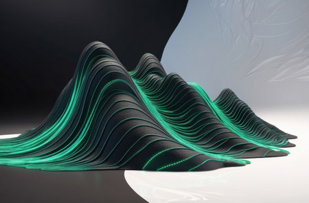 Intricate 3D rendering evokes majestic mountains with rhythmic, swirling green patterns.の素材