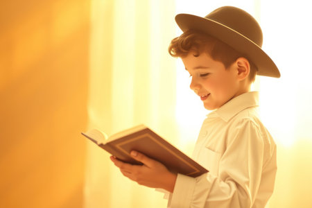 A young boy intently reading a book in sunlight.の素材
