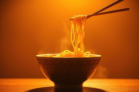 A steaming bowl of noodles with chopsticks, bathed in warm light.の素材