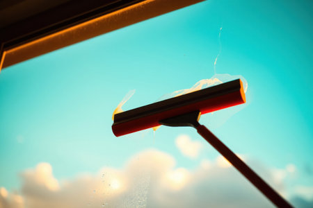 A window cleaning tool reflecting a bright blue sky with clouds.の素材