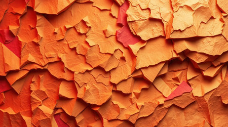 Close-up image of crumpled orange paper creating a complex texture.の素材