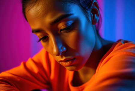 Close-up portrait of a young woman with dramatic lighting effects.の素材