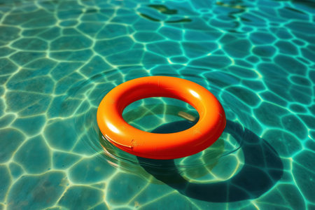 A vibrant orange inflatable ring floating peacefully in a clear blue pool.の素材