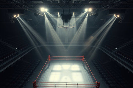A vast boxing ring illuminated by powerful spotlights within a dark arena.の素材