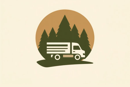 A stylized truck delivering goods through a scenic mountain forest landscape.の素材
