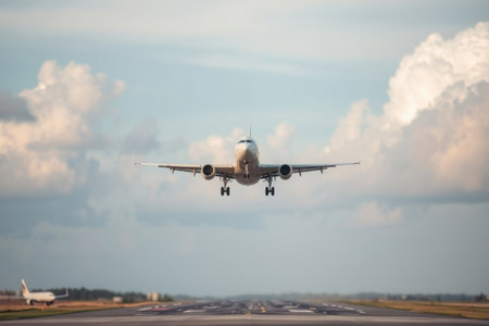 Commercial aircraft approaching runway under expansive blue sky clouds.の素材