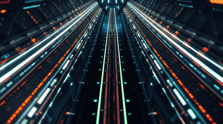 A mesmerizing view of illuminated data streams converging into a dark tunnel.の素材