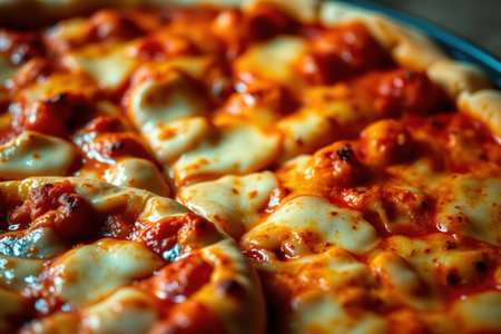 Close-up shot of a delicious pizza with tomato sauce and cheese.の素材