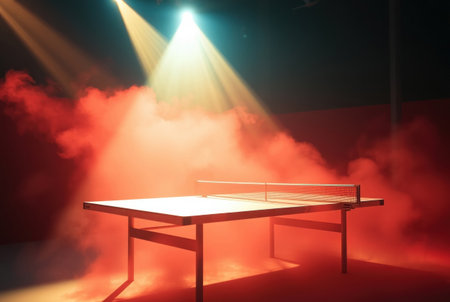 A tennis table dramatically lit with a spotlight and smoke.の素材