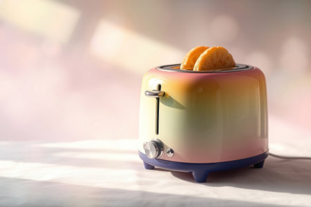A vibrant rainbow toaster with orange slices presented on a table.の素材