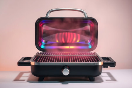 A sleek, illuminated electric grill with a transparent lid showing its heating element and design.の素材