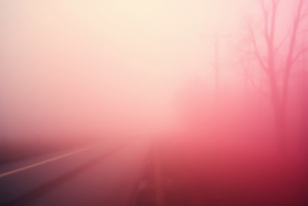 A blurred road disappearing into a hazy, pink-tinted morning mist.の素材