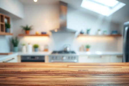 Blurred kitchen interior with wooden countertop and natural light.の素材