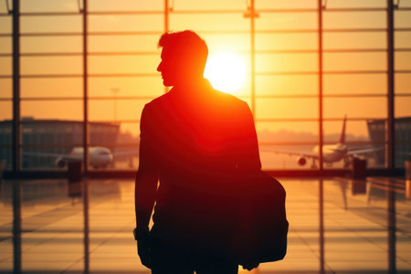 A silhouetted businessman stands in an airport terminal at sunset, gazing towards the horizon.の素材