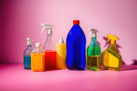 Assorted cleaning bottles arranged on a pink colored background.の素材
