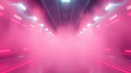 A vibrant, pink-hued corridor with intense neon lights creating a surreal and immersive digital dreamscape.の素材
