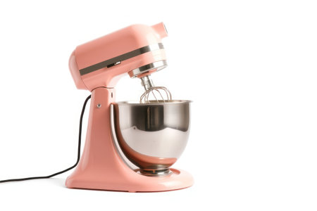 A beautiful pink stand mixer with a stainless steel bowl and whiskey.の素材