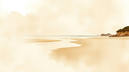 A tranquil coastal scene featuring a sandy beach and ocean waves.の素材