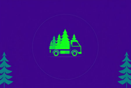 A stylized green truck transporting trees with a purple background and pine trees.の素材