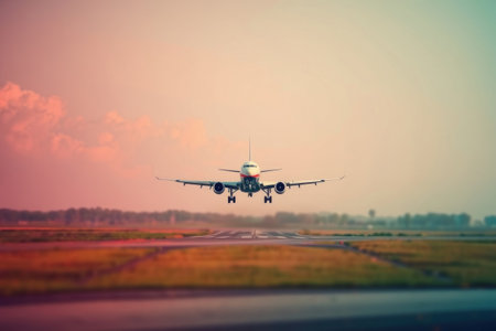 Aircraft landing on a runway during a beautiful sunset.の素材
