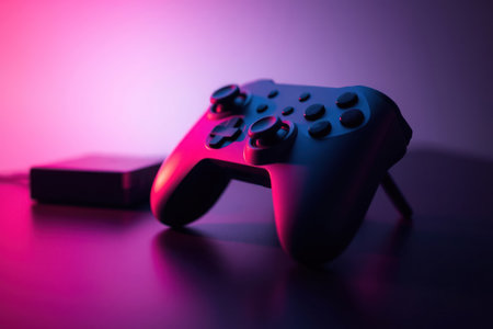 A sleek gaming controller resting on a reflective surface with light.の素材