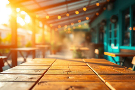 A blurred outdoor patio scene featuring wooden tables and chairs bathed in warm sunlight.の素材