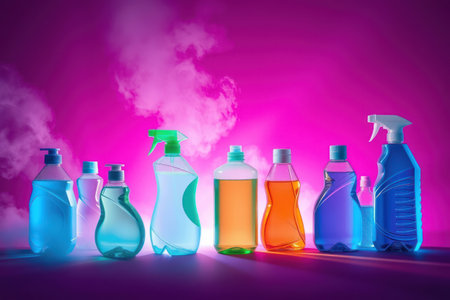 A row of colorful cleaning bottles arranged on a vibrant pink background.の素材