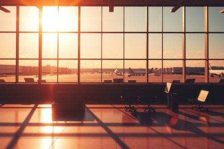 An airport terminal window view of a sunset and aircraft.の素材