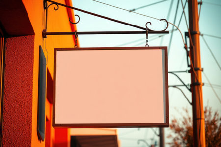 A blank sign hangs outside a building with orange walls under a bright sky.の素材