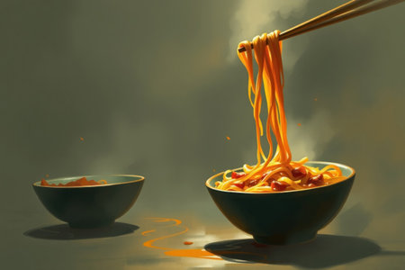 A bowl of noodles with chopsticks and sauce, artistic depiction.の素材