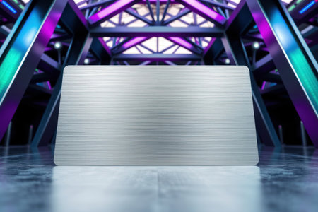 A large silver rectangular surface stands on a stage with complex lighting and architectural design.の素材