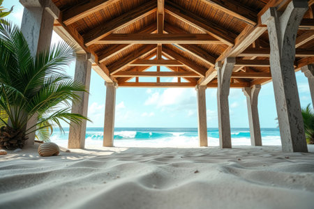 A tranquil beach scene featuring a wooden pavilion overlooking the ocean waves and blue sky.の素材