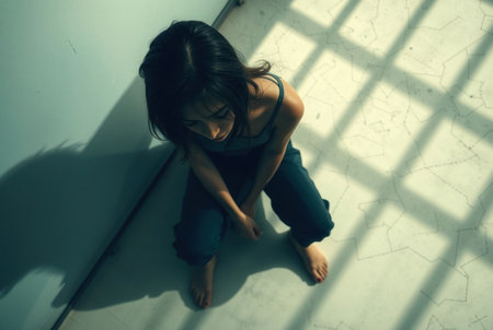 A young woman sits alone in a room with light and shadow.の素材