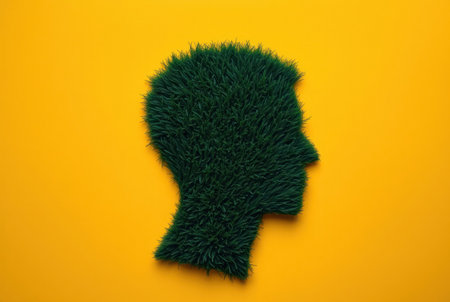 A stylized head formed from dense green grass against yellow background.の素材