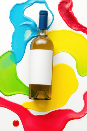 A wine bottle surrounded by colorful paint splashes and drips.の素材