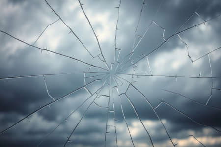 A cracked window reflecting a dramatic, stormy sky with clouds.の素材