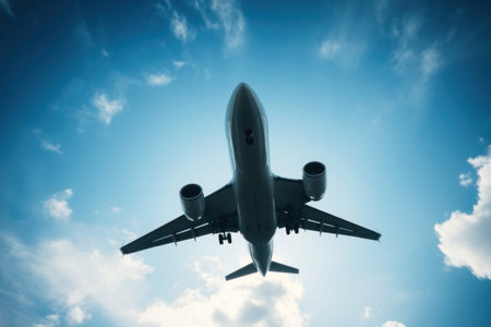 A passenger airplane flying high in a clear blue sky.の素材