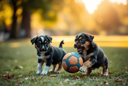 Two playful puppies enthusiastically chasing a bright orange ball outdoors in sunlight.の素材