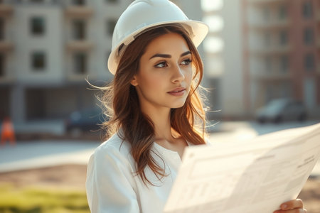 Young architect contemplating blueprints while standing outside a building.の素材