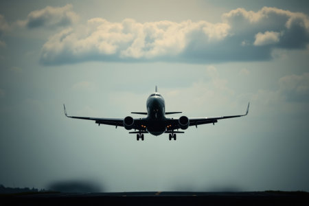 Aircraft approaching for landing on a dark runway under cloudy skies.の素材