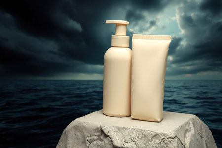 Two skincare products stand on a stone amidst a dramatic seascape.の素材