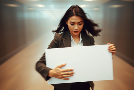 A stressed businesswoman running rapidly down a blurred corridor with a blank board.の素材
