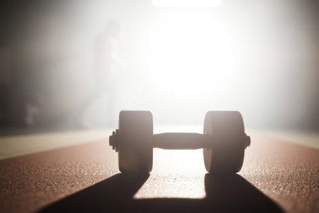 A silhouette of a person lifting weights in bright light.の素材