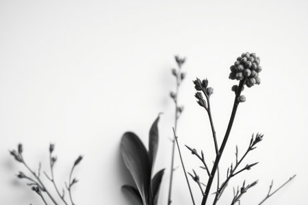 Black and white photograph showing delicate flowers against a stark white background.の素材