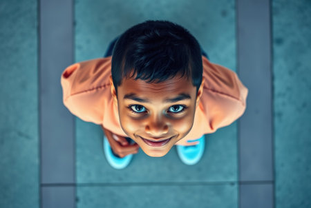 Young boy looking up with a bright, genuine smile.の素材